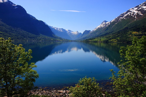 blue sky lake mountains norway reflections landscape norge view snowy norwegian olden floen
