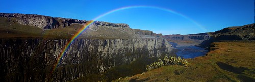 Panorama Rainbow at Dettifoss waterfall Vatnajökull National Park Northeast Iceland