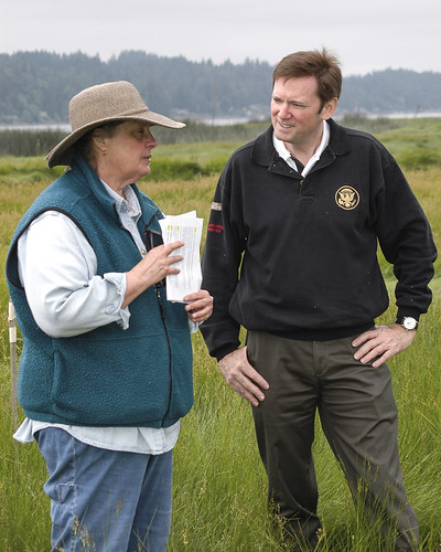 NRCS Assistant Chief Kirk Hanlin and Kate Kuhlman from Great Peninsula Conservancy discuss the progress of the Klingel Wetlands Restoration, while getting a first-hand look at the area.