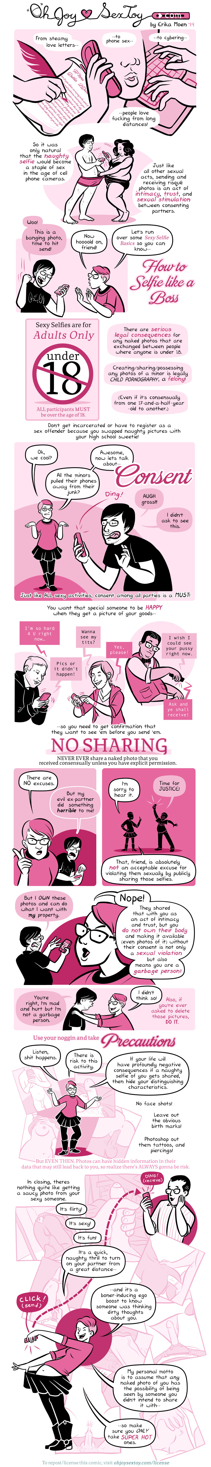 the comic lays out the rules for sending sexy photos—never share them without consent, don't send them if you're under 18, and make sure the person who's receiving your photo actually wants to see it. 