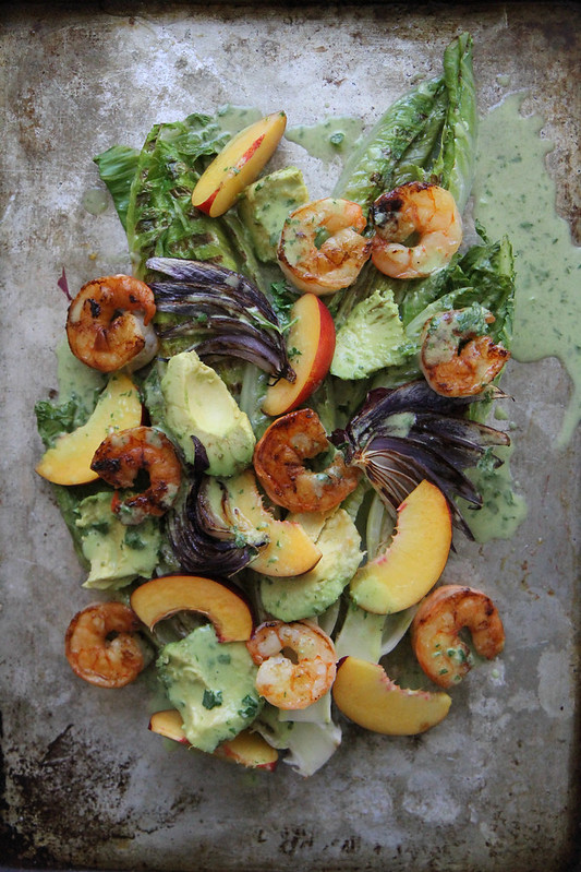 Grilled Romaine, Prawn, Avocado and Nectarine Salad with Jalapeno Vinaigrette