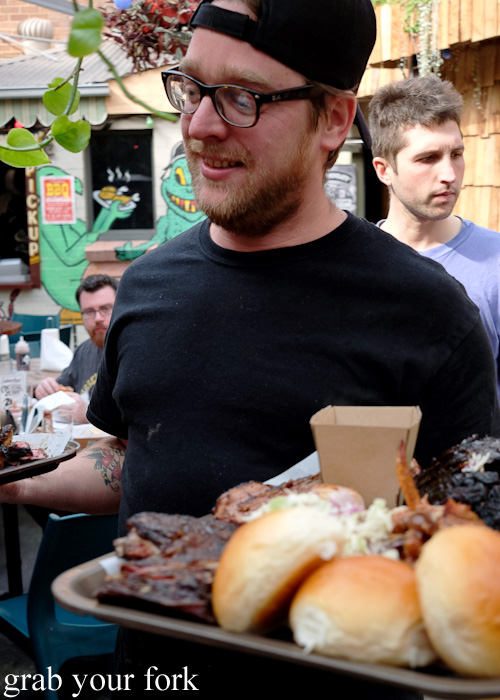 Jamie Thomas delivering our bbq meat lunch at the Oxford Tavern, Petersham