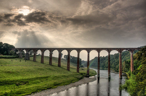 bridge trees clouds reflections river landscape nikon scenic sigma stormy viaduct greenery rays sunrays pillars picturesque hdr rivertweed scottishborders earlston leaderfootviaduct