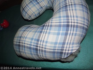 The adult-size neck pillow, stuffed and ready for the opening to be stitched shut