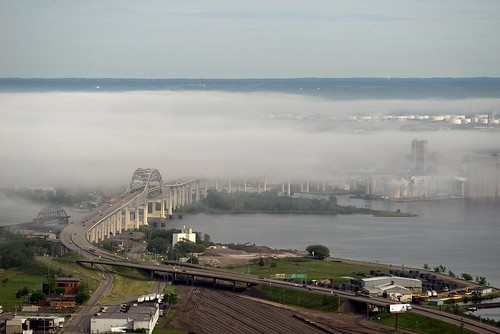 bridge industry fog greatlakes lakesuperior duluthsuperiorharbor nikkor100300mmf56ais sonyalpha7rilce7ra7r vacation2014summer