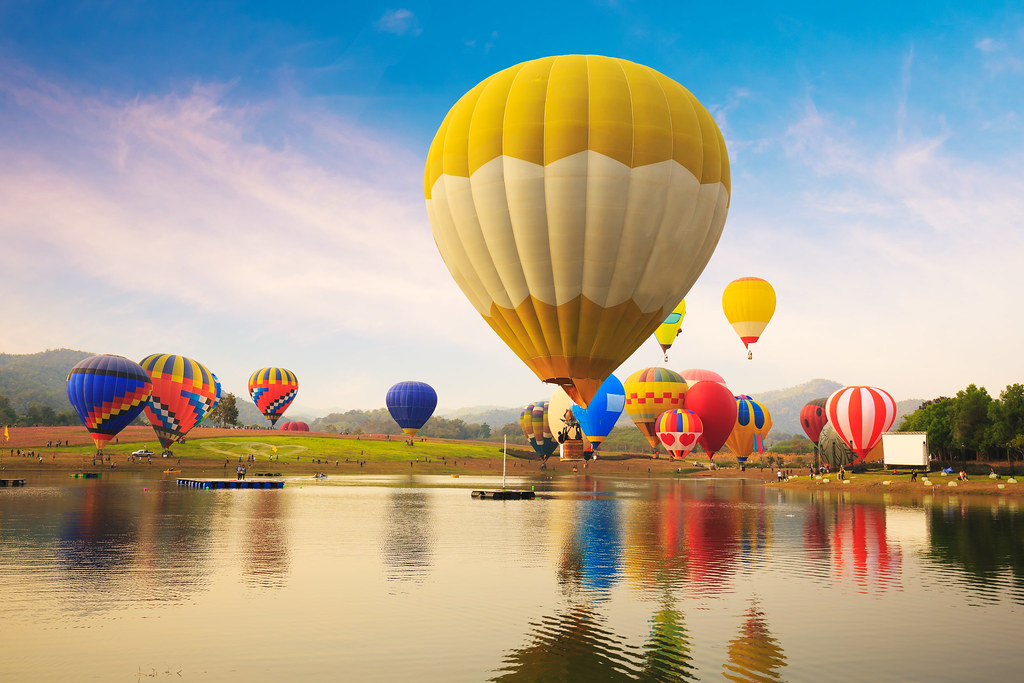 Balloon festival, landscape view and sunset.