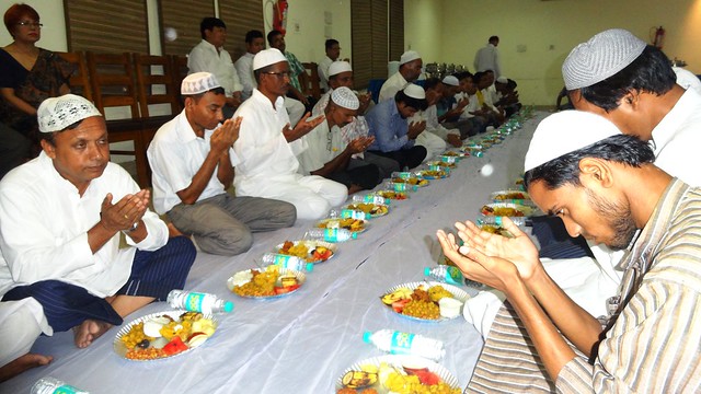 Invitees to the Iftar Congregation organised by Assam Pradesh Congress Committee in Guwahati are seen offering supplication before breaking the Ramadan fast.