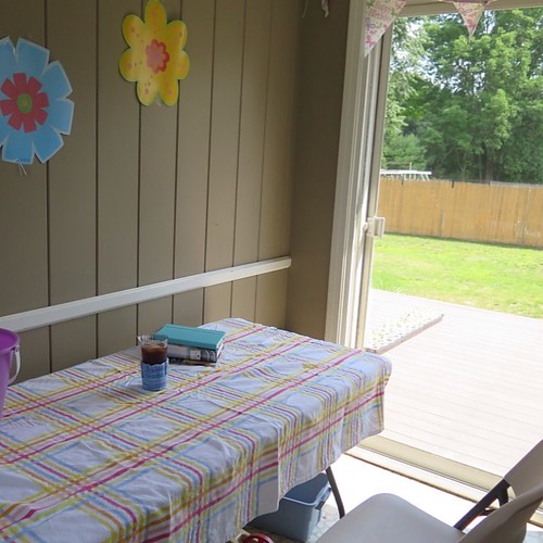 My "camp." Our breezeway is a beautiful space that is usually the dumping ground for stuff. My goal has been to actually use it to sit in. I cleaned up a bit and now have a spot. I envision a fabric banner hanging with the flowers and maybe some twinkle l