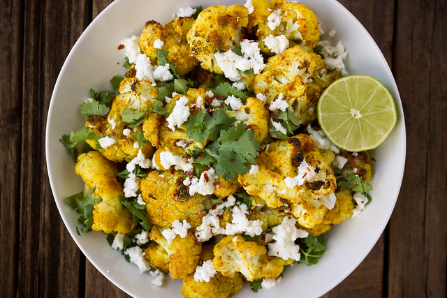 Curry Roasted Cauliflower with Feta and Cilantro