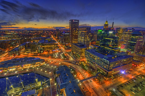 baltimore md maryland innerharbor worldtradecenter observatory topoftheworld skyscraper building view sunset clouds colorful dusk goldenhour bluehour lighttrails streets traffic city urban cityscape landscape town hdr highdynamicrange