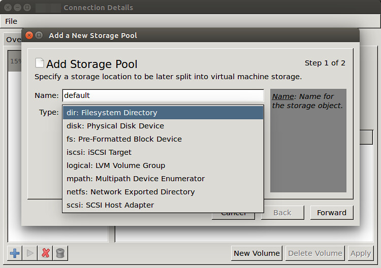 Default Storage. Virt-Manager USB device. Network Manager gui. Libvirt Exporter. Type directory