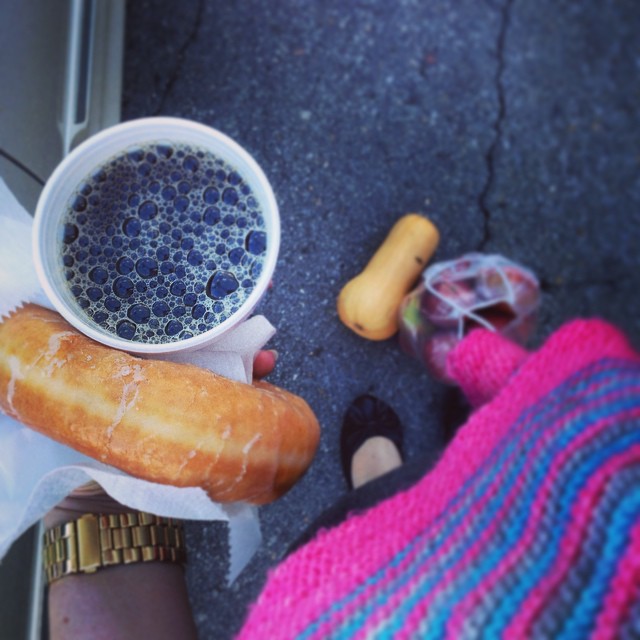 You should just assume every Wednesday morning of fall looks like this: Post-workout hot donut, local coffee and a handknit shawl, it is actually cool enough to wear! #coloraffection #fallshawlstyle