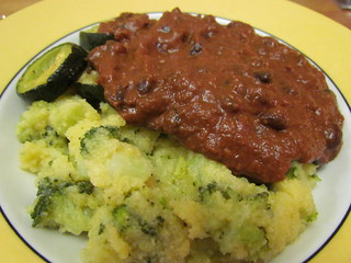 Soft Broccoli Polenta; Black Beans in Red Velvet Mole; roasted zucchini