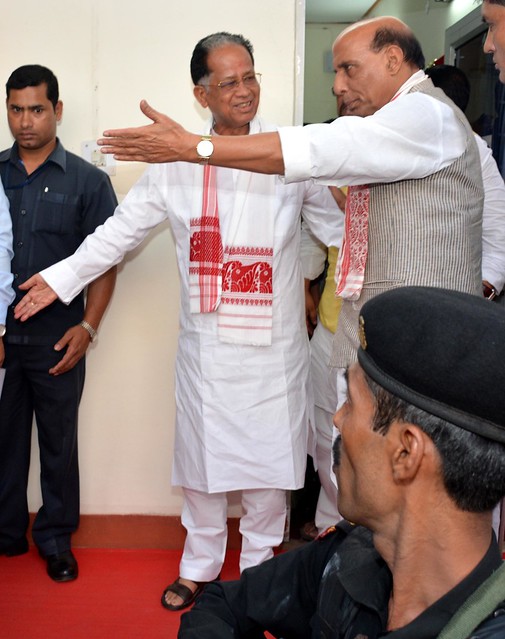 Union Home Minister Rajnath Singh (R) with Assam chief minister Tarun Gogoi in Guwahati.