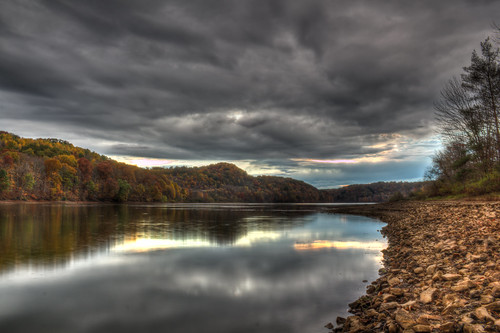 sunset lake fall water leaves clouds canon pennsylvania keystone hdr t2i