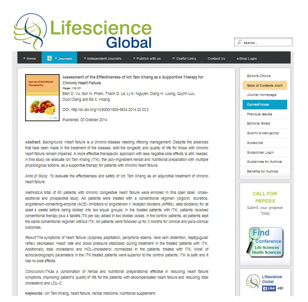 Nghiên cứu sản phẩm Ích Tâm Khang trên tạp chí Lifescience Global