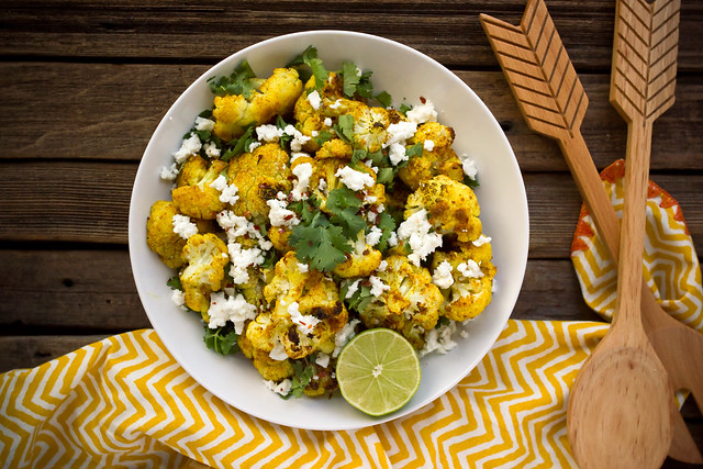 Curry Roasted Cauliflower with Feta and Cilantro