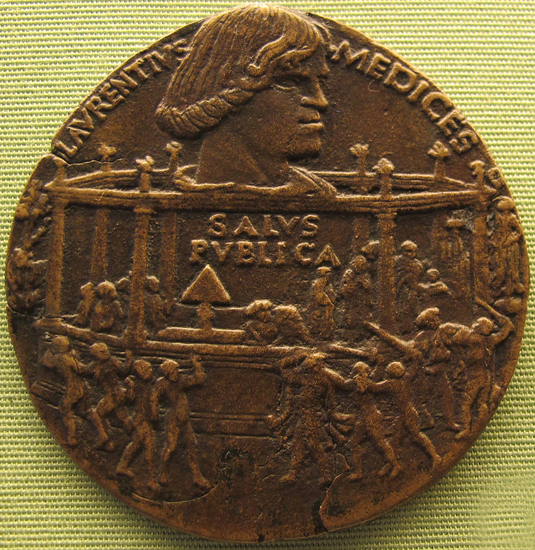 Bronze medal with a portrait of Lorenzo and a depiction of the assassination attempt in the Duomo