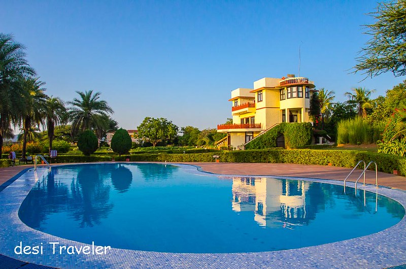 Reflections in swimming pool of Pushkrar Resort Rajasthan