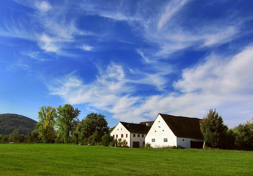 blue trees houses sky clouds farmhouse germany landscape bavaria europe pasture
