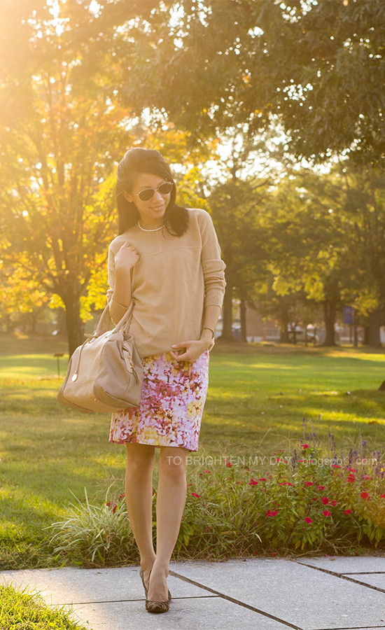 camel sweater, floral printed skirt, leopard heels
