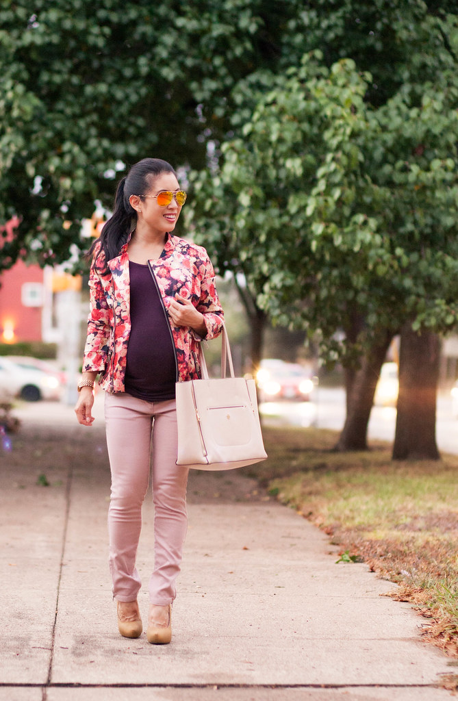 cute & little blog | petite fashion | maternity pregnant baby bump | choies floral moto jacket, pink moto pants, oakley mirrored aviators | second trimester 23 weeks