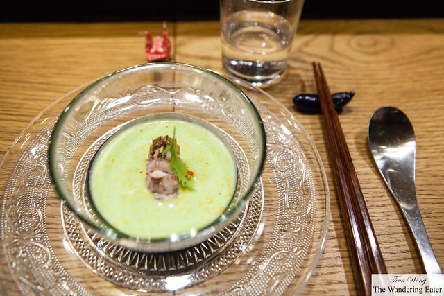 Cold edamame soup, smoked uni with praying mantis shrimp