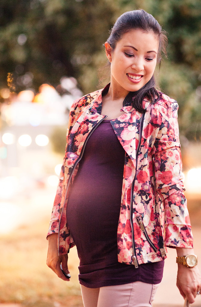 cute & little blog | petite fashion | maternity pregnant baby bump | choies floral moto jacket, pink moto pants, oakley mirrored aviators | second trimester 23 weeks