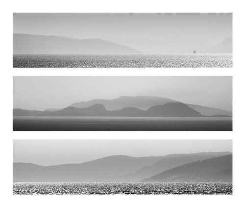 sea bw panorama sunlight mountain water norway landscape three haze view calm fjord hazy distance trondheim triple tranquil distant greyscale trondheimsfjord