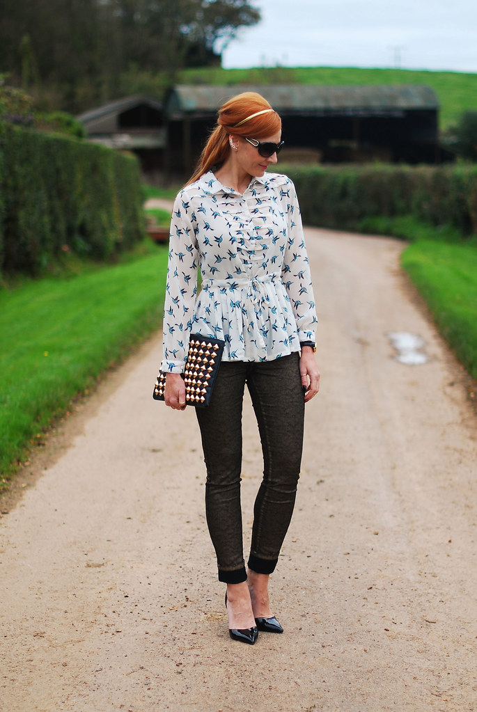 Bird print blouse, gold brocade jeans (over 40 fashion)