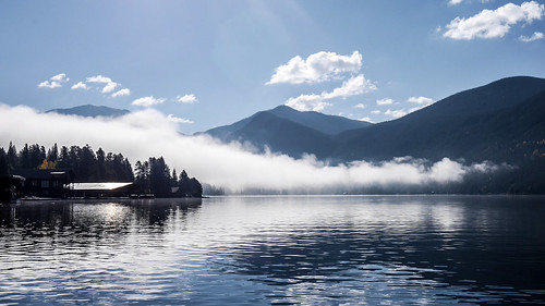 blue mountain lake water fog clouds dock colorado day grandlake