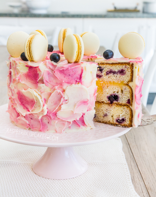 Blueberry Swirl Cake with Lemon Curd Macarons