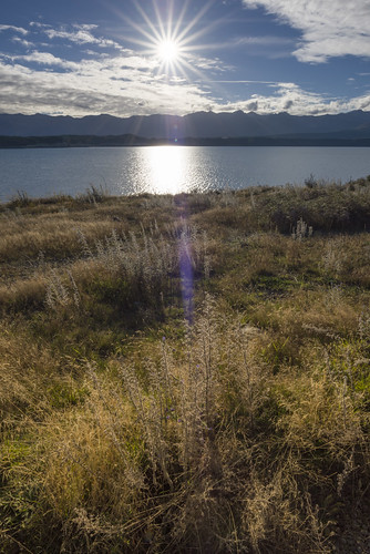 newzealand lakepukaki sunset lake grass sky sun sunstar cloud mountain pukaki
