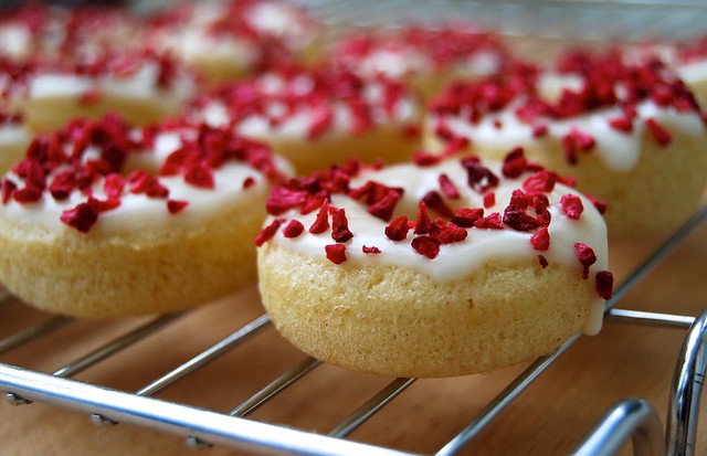 Mini Baked Vanilla Doughnuts with Limoncello Glaze & Raspberries