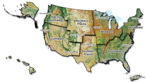 A map of the United States showing the Climate hub regions and host cities.