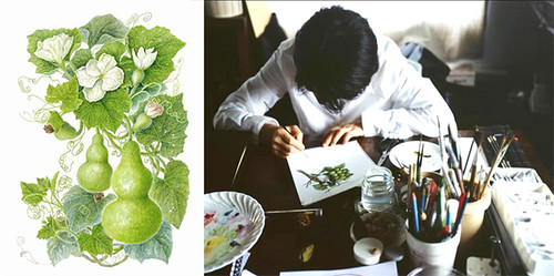 《林麗琪的祕密花園》繪者林麗琪專注作畫，左圖為她精緻描繪的扁蒲。圖片來源：天下文化、張蕙芬