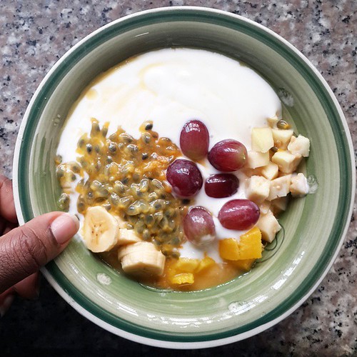 I had this fruitbowl and then I went to sleep - a combination of full and tired from the walk.  Fruit - guava - mangoes, going fast out of season - passionfruit - bananas - red, seedless grapes  Yogurt  Heaven  I especially love the combination of passion