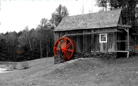 trees red building mill monochrome rural landscape vermont country colorsplash