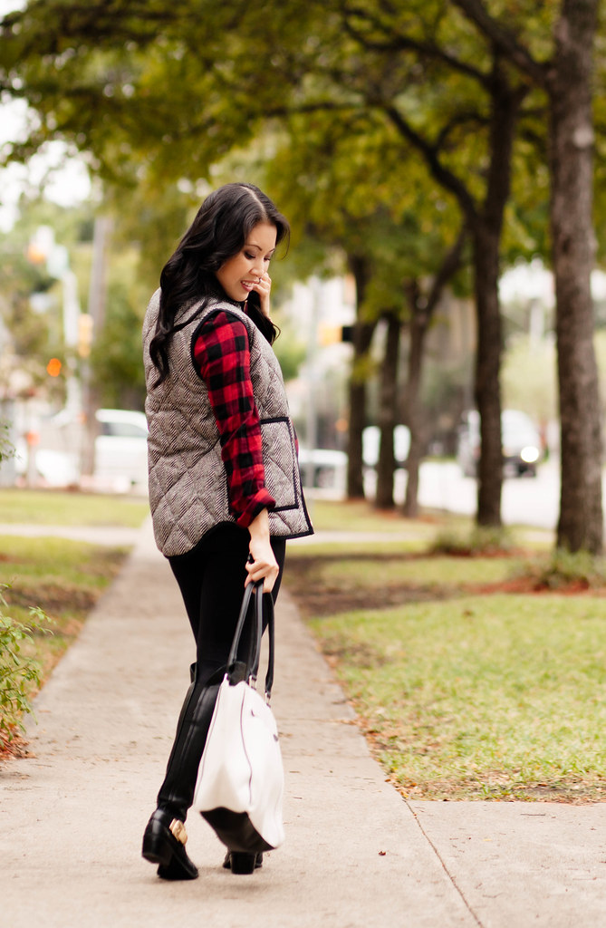 cute & little blog | petite fashion | maternity baby bump pregnancy fall style | buffalo plaid check flannel shirt,  seraphine leggings, vince camuto over-the-knee boots, baublebar spiked lily statement necklace | second trimester 25 weeks