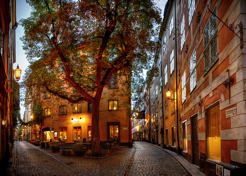 street city travel light sunset urban panorama tree sweden stockholm gamlastan bluehour hdr