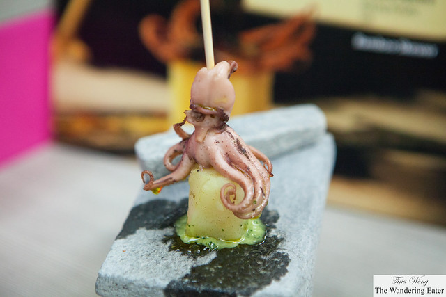 Baby octopus skewer with baked potato cube