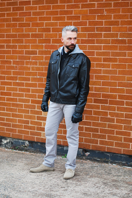 Menswear: Grey marl hoodie and leather jacket