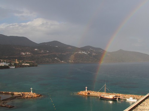 sea sky beach rain bay boat rainbow harbour greece crete