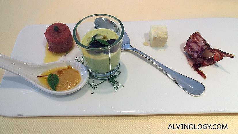 Amuse Bouche: chickpea purée in the spoon, veal tartare, a shot glass of zucchini yoghurt, a little cube of Parmesan topped with QimiQ jelly and a thin slice of lamb sausage 
