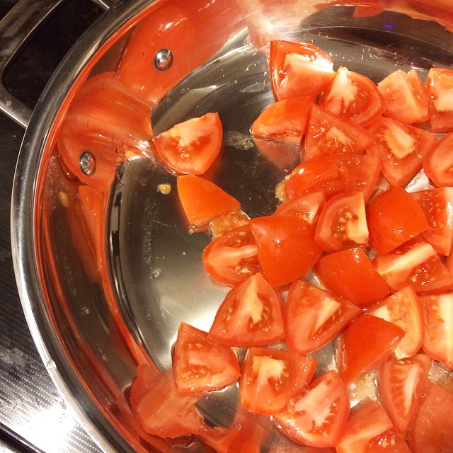 I have no idea where I'm going with this. But I do know it begins with 16 Roma tomatoes, 2 cloves of garlic, and a tablespoon of rendered bacon fat.