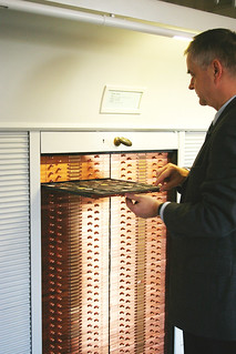 Dr. Kluge examinging coin trays at the Bode-Museum