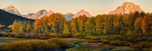 travel autumn trees panorama mountains fall nature water colors grass sunrise landscape dawn rocks colorful nps panoramic swamp glaciers marsh grandtetons peaks aspen nationalparkservice moran hdr highdynamicrange oxbow