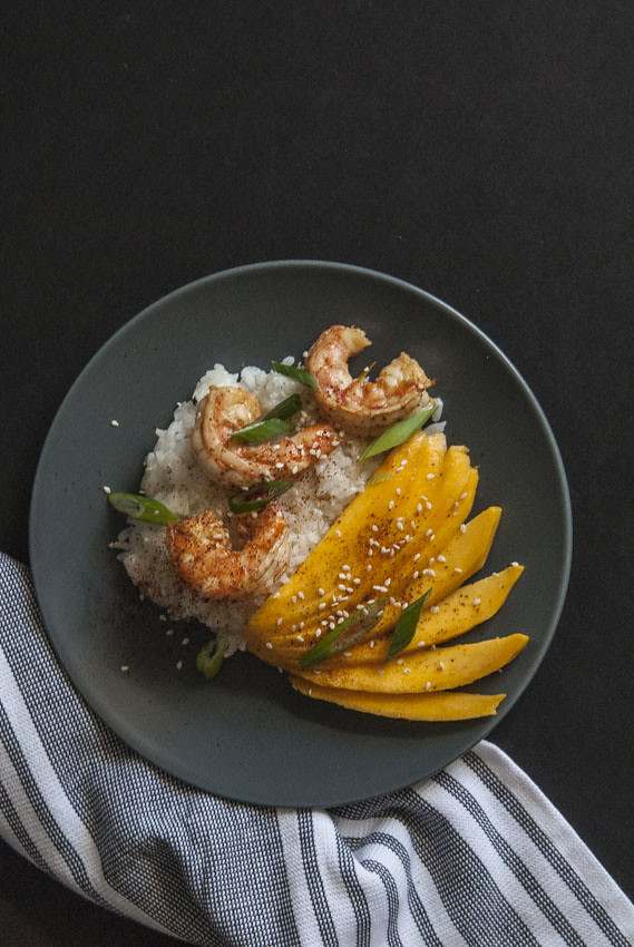 Chilli Lime Shrimp with coconut rice and mangoes