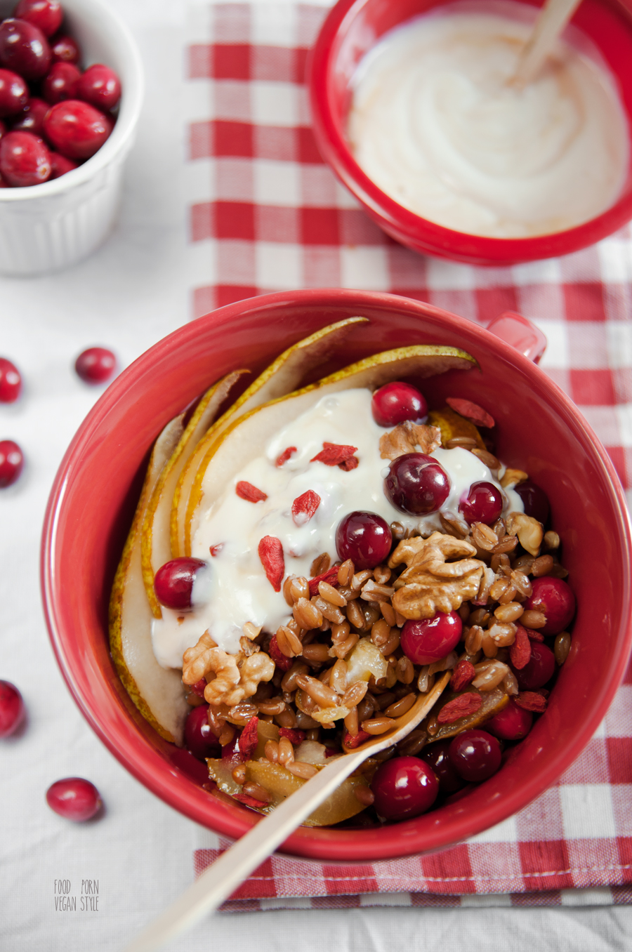 Sweet spelt grains with pears,cranberries,walnuts and maple yoghurt