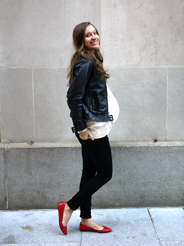 black leather moto jacket, pop of color, maternity style, ethical fashion, my fair vanity